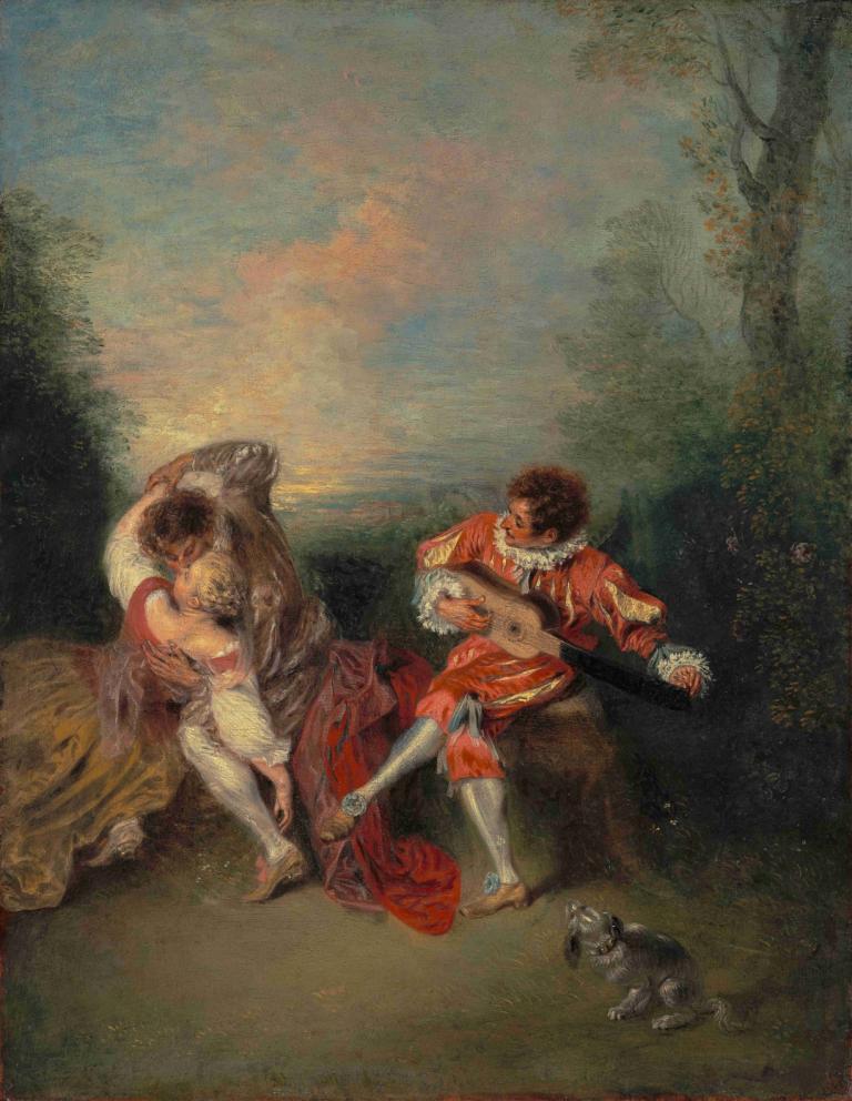 La Surprise,Jean-Antoine Watteau,Oil Painting,Oil Painting, fine art parody, instrument, multiple boys, tree