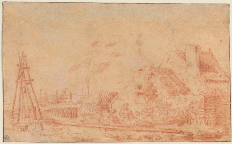 Landscape with a Cottage and Well,Landskap med stuga och brunn,Jean-Antoine Watteau,Kopparplåt Etsning