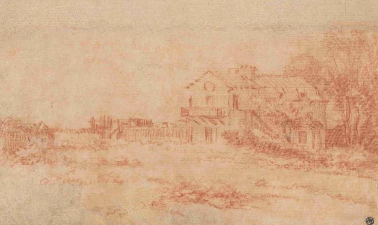 Landscape with a Country House,Jean-Antoine Watteau,Copperplate Etching,Copperplate Etching, tree, house