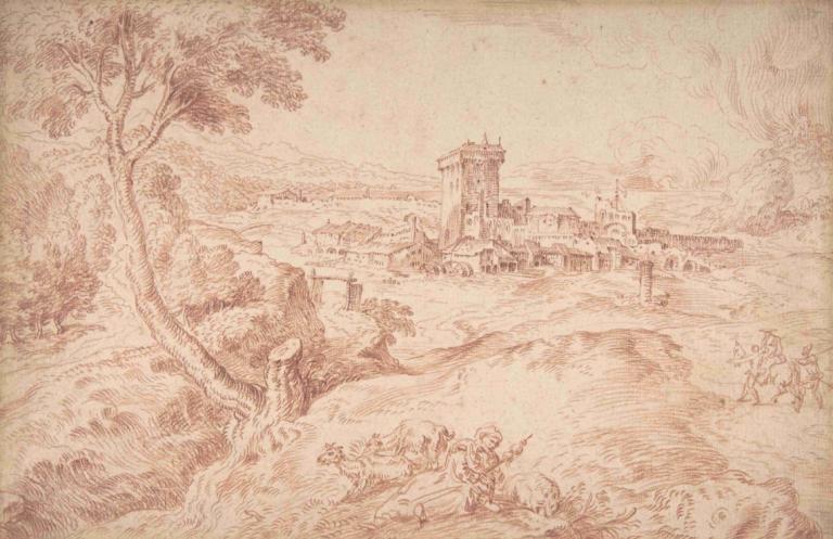 Landscape with an Old Woman Holding a Spindle, after Domenico Campagnola