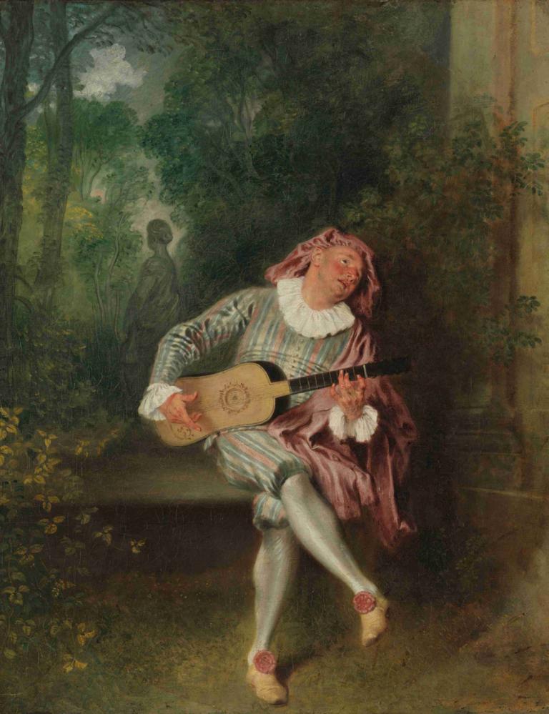 Mezzetin,Jean-Antoine Watteau,Oljna slika,Oljna slika, instrument, glasba, sedenje, igranje instrumenta