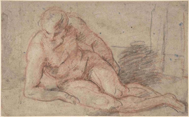 Reclining Nude Figure,Liggend naakt,Jean-Antoine Watteau,Kleurenschets,Kleurenschets, 1 jongen, kaal