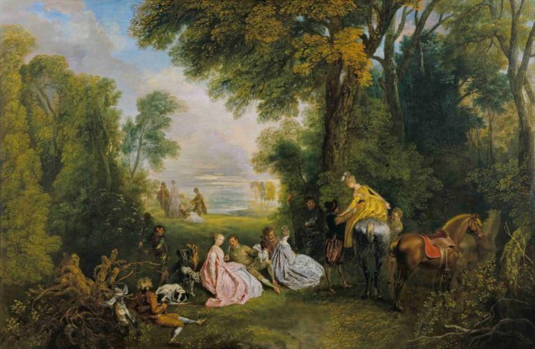 Rendez-vous de chasse,Jacht rendez-vous,Jean-Antoine Watteau,Olieverf,Olieverf, paard, boom, meerdere jongens