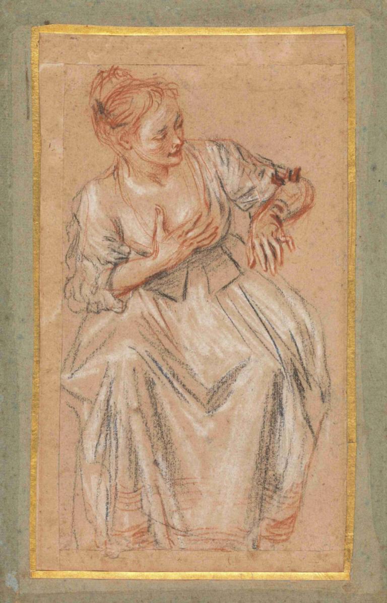 Seated Woman,Sitzende Frau,Jean-Antoine Watteau,Farbskizze,Farbskizze, 1Mädchen, Solo, Kunstparodie, Kleid