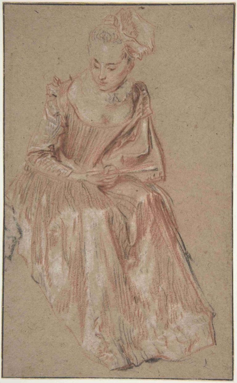 Seated Woman Holding a Fan,Sitzende Frau hält einen Fächer,Jean-Antoine Watteau,Farbskizze,Farbskizze, Solo