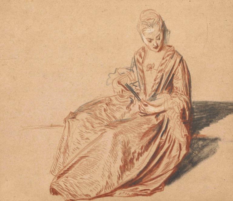 Seated Woman with a Fan,Sitzende Frau mit Fächer,Jean-Antoine Watteau,Farbskizze,Farbskizze, Solo, 1Junge