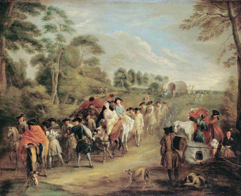 Soldiers on the March,Vojaki na pohodu,Jean-Antoine Watteau,Oljna slika,Oljna slika, konj, več fantov, drevo