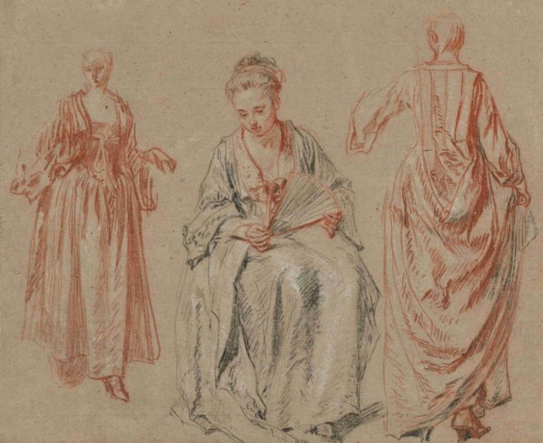 Studies of Three Women,Studier av tre kvinnor,Jean-Antoine Watteau,Färgskiss,Färgskiss, 1 pojke, handfläkt