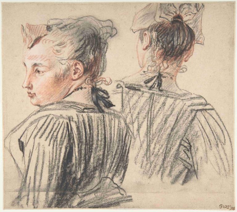 Studies of a Woman Wearing a Cap,Studier av en kvinna med keps,Jean-Antoine Watteau,Färgskiss,Färgskiss