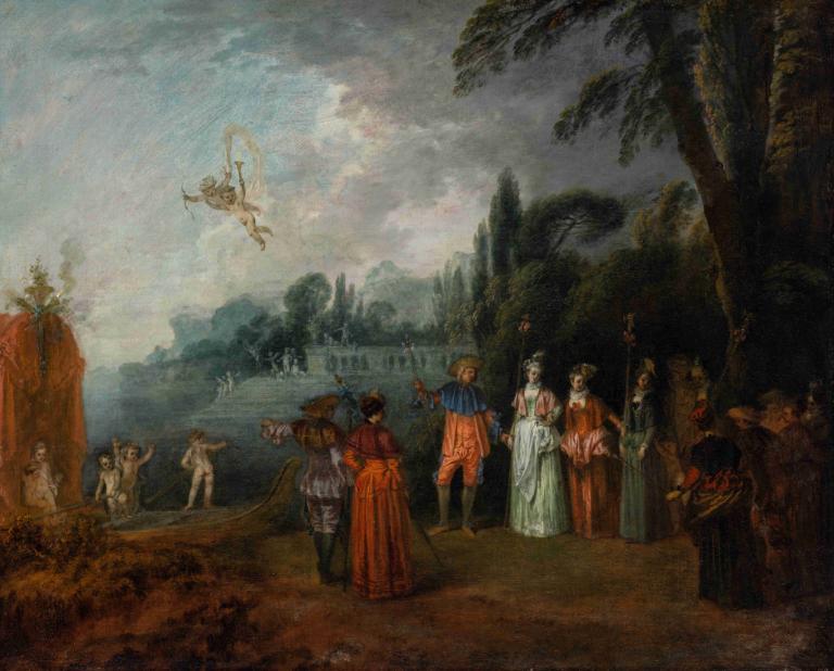 The Embarkation for Cythera,Jean-Antoine Watteau,Oil Painting,Oil Painting, multiple boys, tree, outdoors