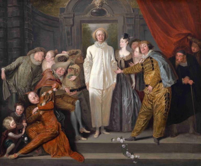 The Italian Comedians,Jean-Antoine Watteau,Oil Painting,Oil Painting, fine art parody, multiple girls, flower