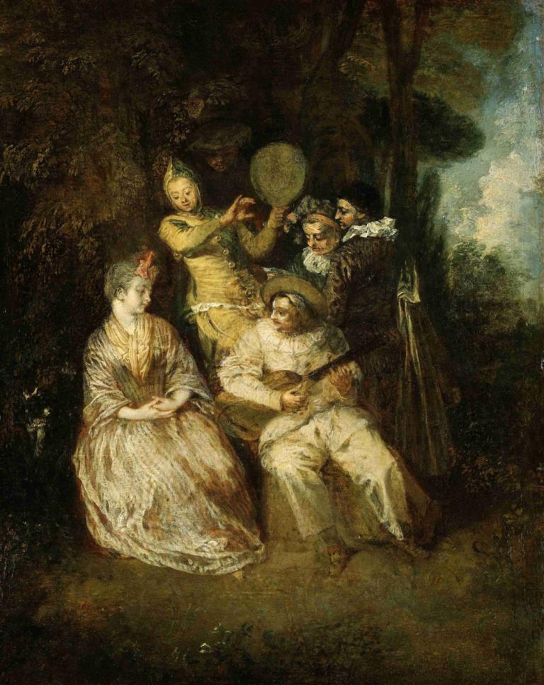 The Italian Serenade,Jean-Antoine Watteau,Oil Painting,Oil Painting, fine art parody, multiple boys, hat