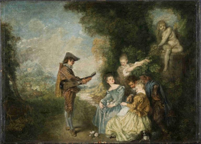 The Love Lesson,Jean-Antoine Watteau,Oil Painting,Oil Painting, fine art parody, multiple girls, dress, hat