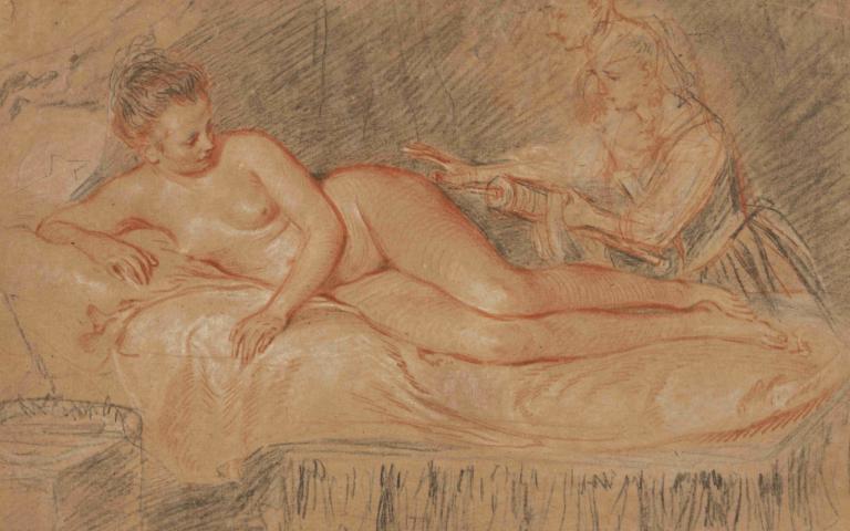 The Remedy,Jean-Antoine Watteau,Oil Painting,Oil Painting, nude, nipples, breasts, multiple girls, 2girls