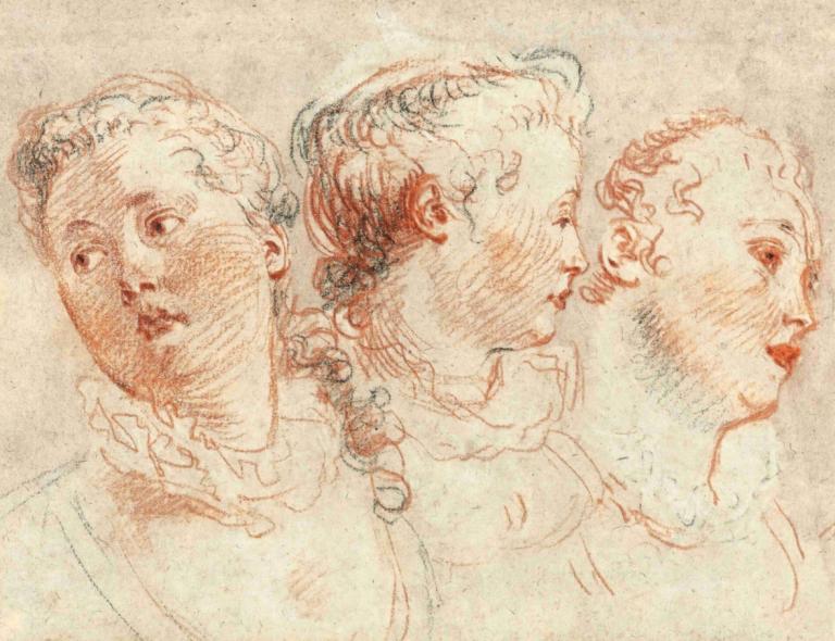 Three Studies Of The Head Of A Woman,Drei Studien über den Kopf einer Frau,Jean-Antoine Watteau,Farbskizze