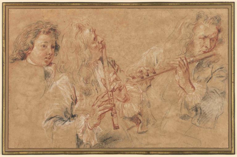 Two Studies of a Flutist and a Study of the Head of a Boy