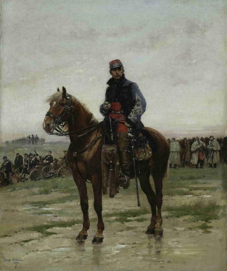 A Mounted Officer,Jean-Baptiste Édouard Detaille,Oil Painting,Oil Painting, horse, riding, horseback riding