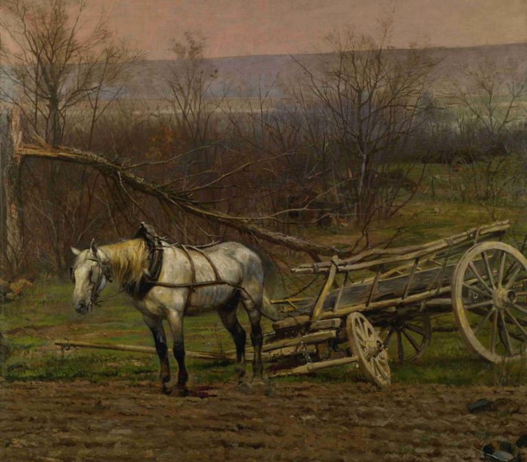 Charrette Attelée D'un Cheval Blanc,白馬の馬車,Jean-Baptiste Édouard Detaille,ジャン・バティスト・エドゥアール・ディテールル,油絵,油絵, 馬, 木