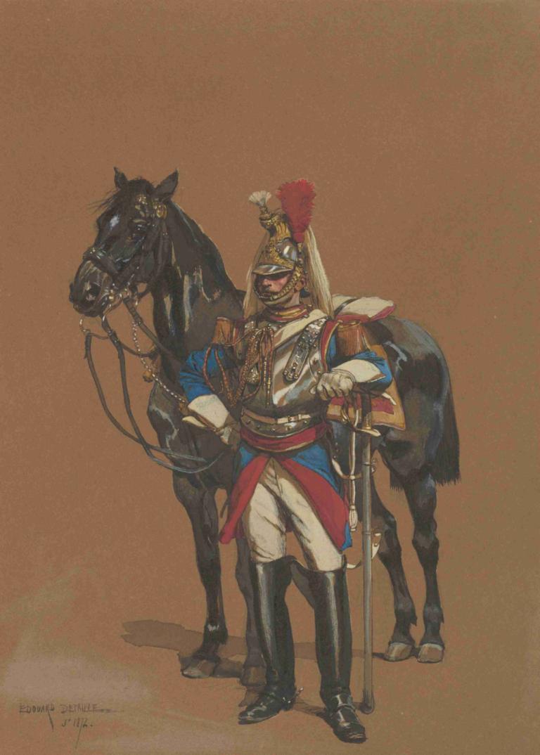 Cuirassier,Jean-Baptiste Édouard Detaille,Oljemålning,Oljemålning, häst, vapen, traditionella medier, stövlar