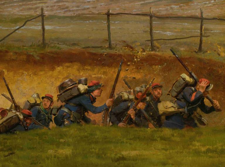 Dans Un Ravin. Lignards,Jean-Baptiste Édouard Detaille,Oil Painting,Oil Painting, multiple boys, weapon, hat