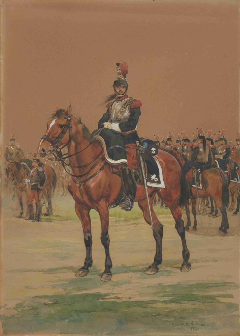 French Cuirassier,法国骑兵,Jean-Baptiste Édouard Detaille,油画,油画, 马, 骑马, 骑术, 制服, 男性焦点, 武器, 军队, 户外, 军装, 头盔, 保持