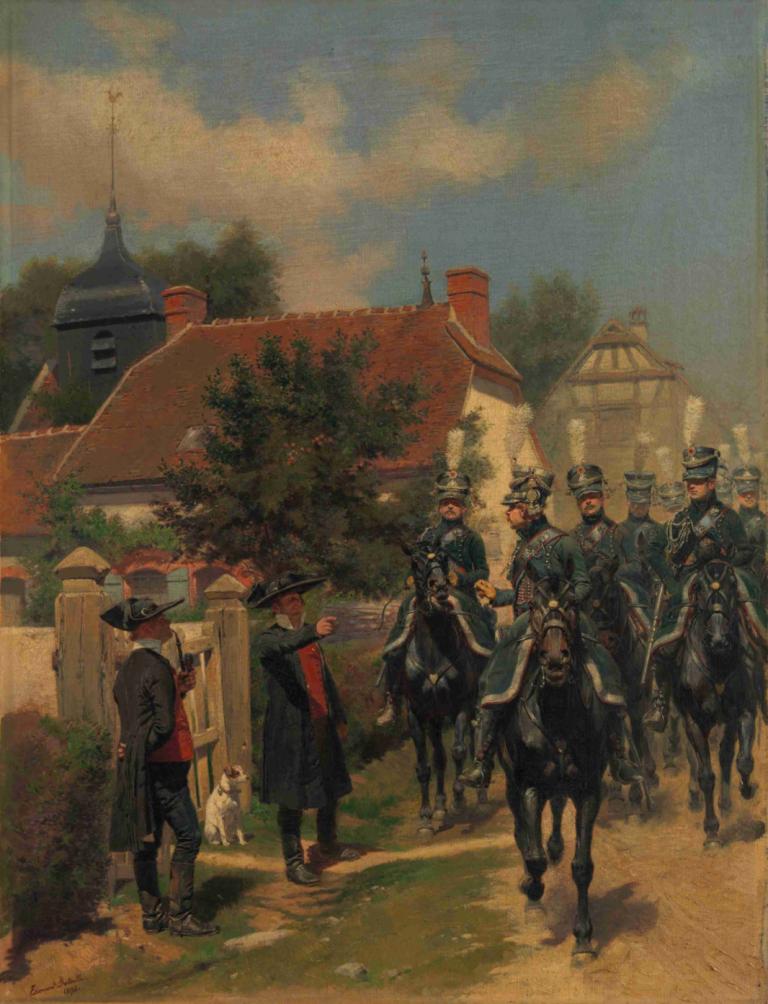 Gendarmes d'Ordonnance,宪兵队,Jean-Baptiste Édouard Detaille,油画,油画, 帽子, 马, 多个男孩, 户外, 树, 6+男孩, 天空, 骑马, 制服, 建筑, 狗