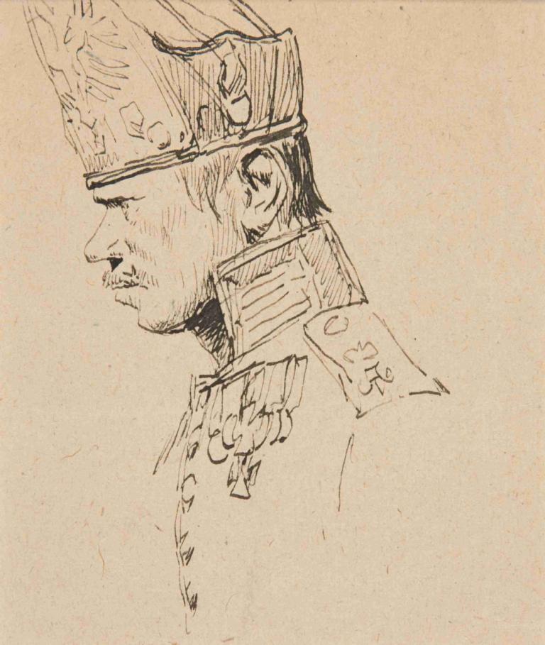 Head of a Grenadier in Profile,掷弹兵头像,Jean-Baptiste Édouard Detaille,素描,素描, 单色, 1男孩, 传统媒体, 男性焦点, 独奏, 头盔, 草图, 轮廓