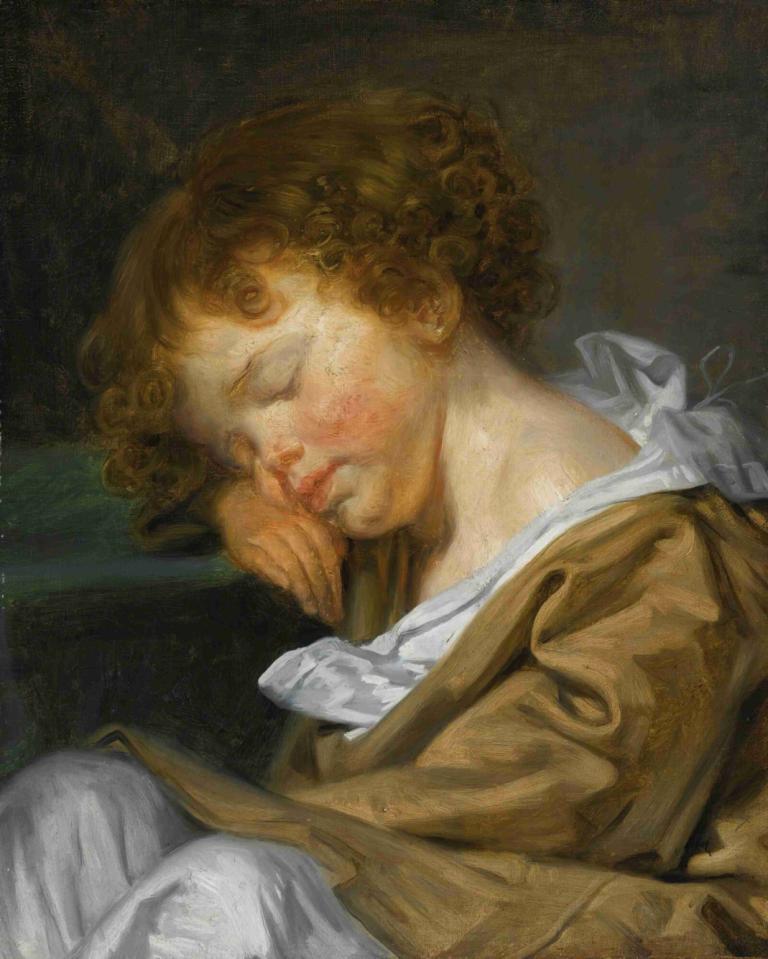 A Boy Asleep On A Table,Jean-Baptiste Greuze,Oil Painting,Oil Painting, solo, fine art parody, 1girl