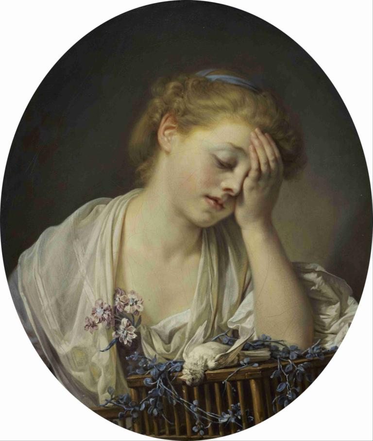 A Girl With A Dead Canary,Jean-Baptiste Greuze,Oil Painting,Oil Painting, solo, fine art parody, blonde hair