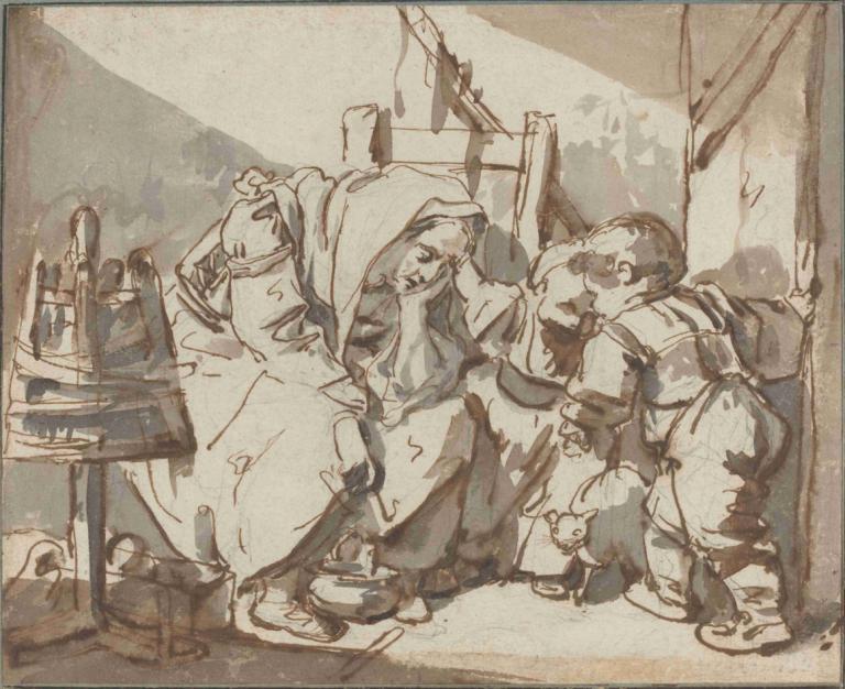 A Tired Woman with Two Children,Jean-Baptiste Greuze,Copperplate Etching,Copperplate Etching, multiple boys