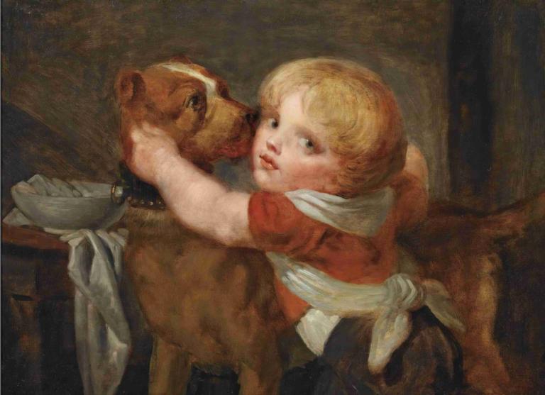 A Young Boy With a Dog,Jean-Baptiste Greuze,Oil Painting,Oil Painting, blonde hair, 1girl, fine art parody