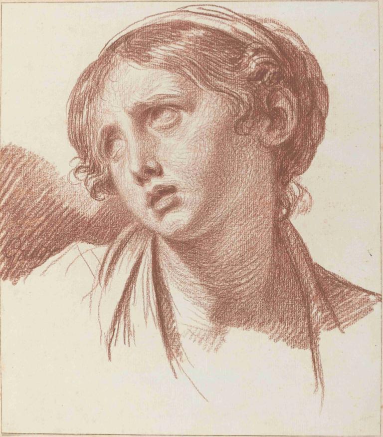 A Young Girl Looking Upward,Jean-Baptiste Greuze,Color Sketch,Color Sketch, solo, monochrome, 1girl