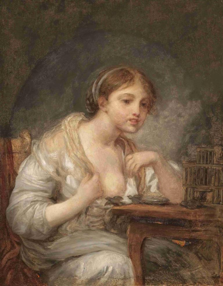 A Young Woman With a Birdcage,Jean-Baptiste Greuze,Oil Painting,Oil Painting, fine art parody, 1girl, solo