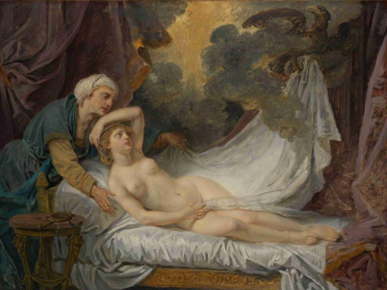 Aegina Visited by Jupiter,Jean-Baptiste Greuze,Oil Painting,Oil Painting, fine art parody, 1girl, 1boy, nude