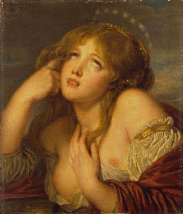 Ariadne,Jean-Baptiste Greuze,Oil Painting,Oil Painting, fine art parody, 1girl, solo, nipples, looking up