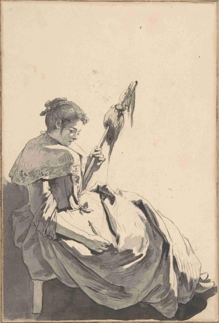 Bolognese Peasant Girl with a Distaff,手持拐杖的博洛尼亚农家女,Jean-Baptiste Greuze,让-巴蒂斯特-格吕兹,彩色素描,彩色素描, 1个女孩, 单色, 职员