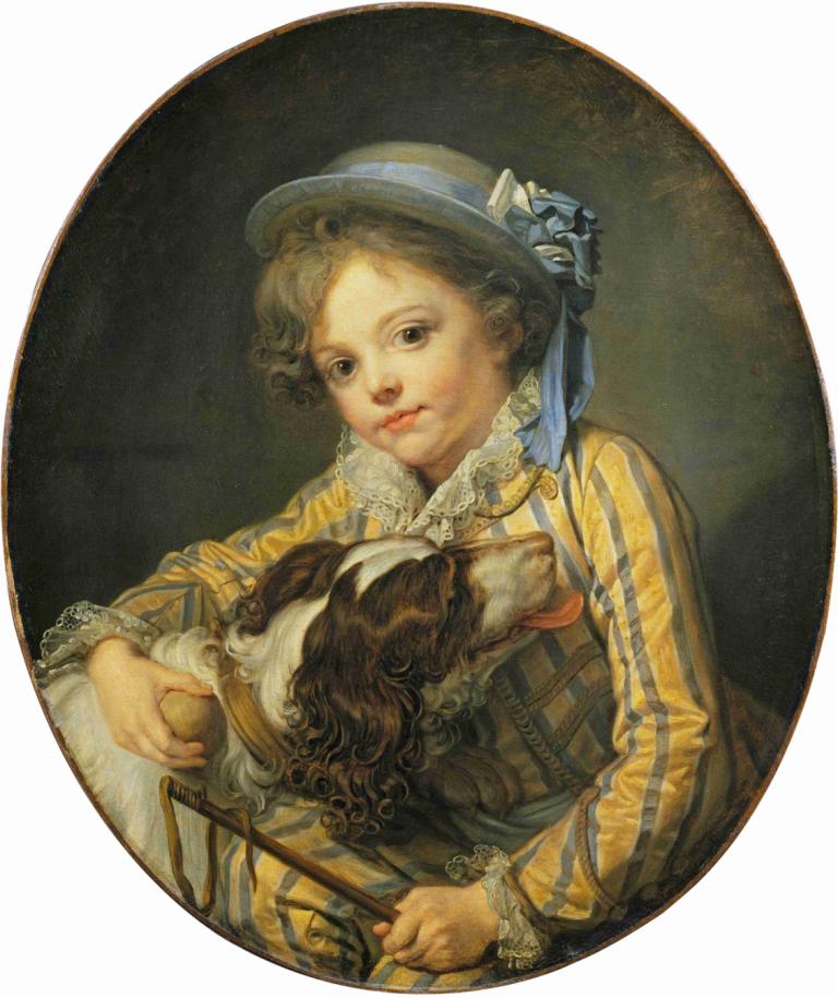 Boy with a Dog,Jean-Baptiste Greuze,Oil Painting,Oil Painting, fine art parody, 1girl, hat, ribbon, dress