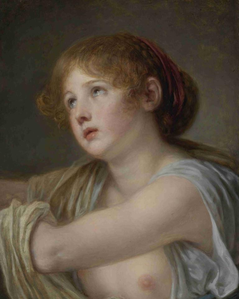 Bust Of A Young Woman,Jean-Baptiste Greuze,Oil Painting,Oil Painting, 1girl, solo, nipples, breasts