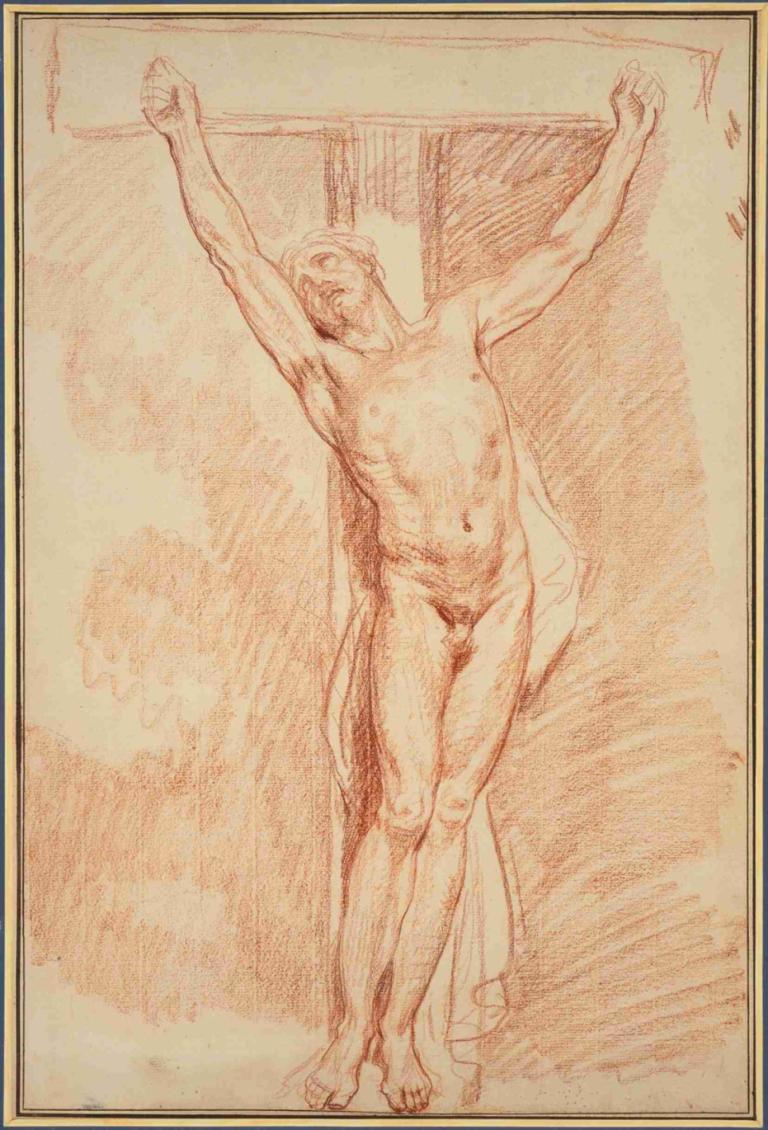 Christ Crucified,被钉十字架的基督,Jean-Baptiste Greuze,让-巴蒂斯特-格吕兹,彩色素描,彩色素描, 独奏, 男性焦点, 1男孩, 美术模仿, 裸体, 单色, 老的, 老人, 乳头