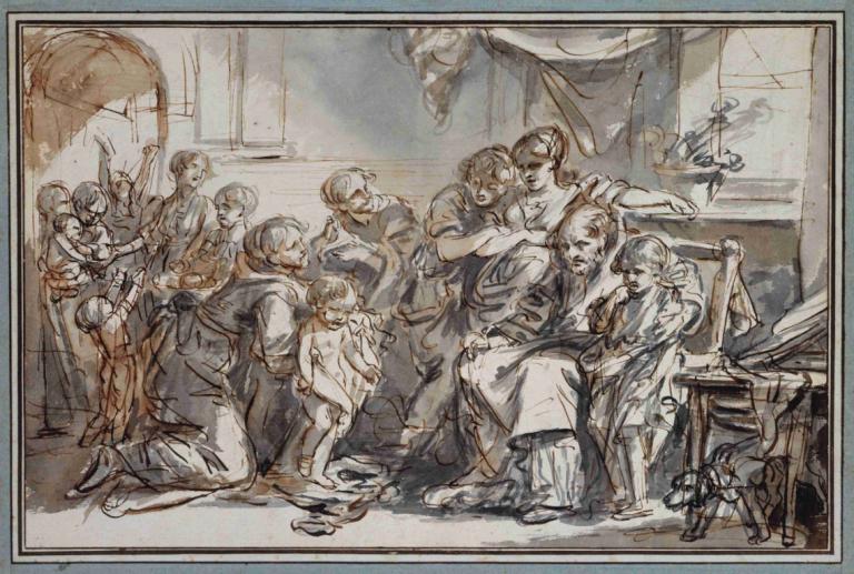 Domestic Scene,Jean-Baptiste Greuze,Oil Painting,Oil Painting, multiple girls, multiple boys, 6+boys, sketch