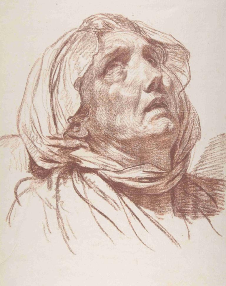 Head of an Old Woman Looking Up,Hoofd van een oude vrouw die omhoog kijkt,Jean-Baptiste Greuze,Kleurenschets