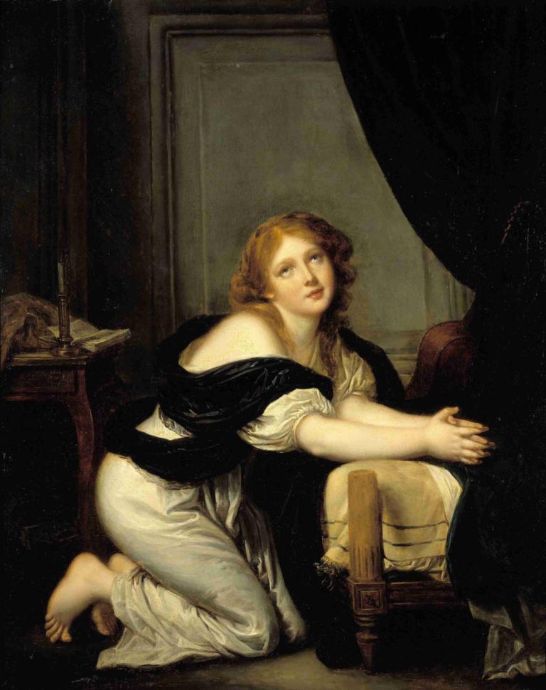 La Prière du matin,Morgonbön,Jean-Baptiste Greuze,Oljemålning,Oljemålning, konstparodi, 1 tjej, barfota