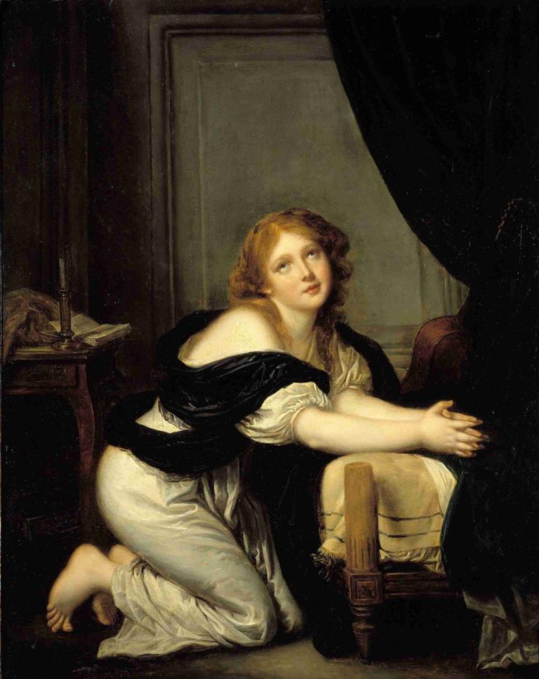 La Prière du matin,Morgonbön,Jean-Baptiste Greuze,Oljemålning,Oljemålning, konstparodi, 1 tjej, barfota