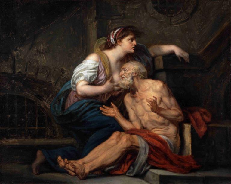 Roman Charity,罗马慈善机构,Jean-Baptiste Greuze,让-巴蒂斯特-格吕兹,油画,油画, 美术模仿, 戏仿, 老的, 1个女孩, 1男孩, 赤脚, 老人, 实际的, 胡子, 假传统媒体