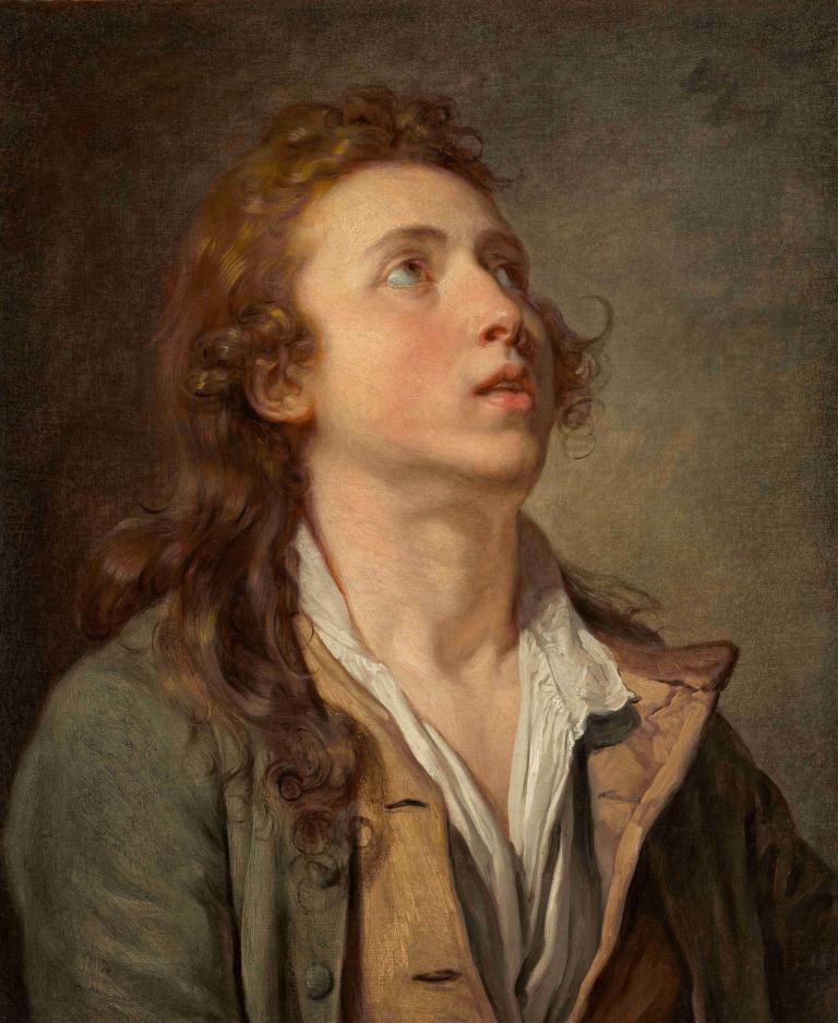 Study Of A Young Man,一个年轻人的研究,Jean-Baptiste Greuze,让-巴蒂斯特-格吕兹,油画,油画, 独奏, 1个女孩, 抬头看, 棕色的头发, 蓝眼睛, 长发, 上半身, 编织