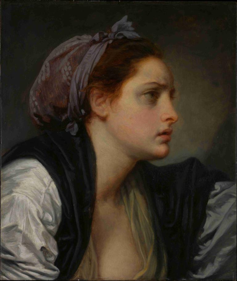 Study of a Woman’s Head,妇女头部研究,Jean-Baptiste Greuze,让-巴蒂斯特-格吕兹,油画,油画, 独奏, 实际的, 棕色的头发, 男性焦点, 1男孩, 轮廓, 上半身, 嘴唇