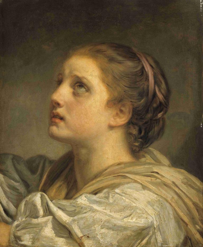 Tête de jeune femme,年轻女子的头,Jean-Baptiste Greuze,让-巴蒂斯特-格吕兹,油画,油画, 1个女孩, 独奏, 抬头看, 棕色的头发, 实际的, 张开双唇, 美术模仿, 眺望远方