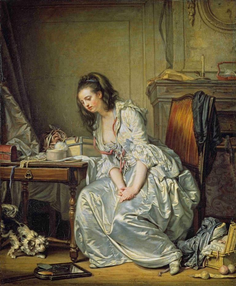 The Broken Mirror,破碎的镜子,Jean-Baptiste Greuze,让-巴蒂斯特-格吕兹,油画,油画, 1个女孩, 美术模仿, 裙子, 乳房, 黑发, 坐着, 蜡烛, 劈裂, 白色礼服, 桌子