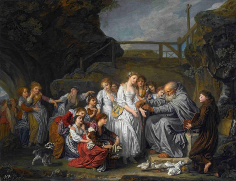 The Hermit,隐士,Jean-Baptiste Greuze,让-巴蒂斯特-格吕兹,油画,油画, 美术模仿, 多个女孩, 戏仿, 多个男孩, 赤脚, 户外, 金头发, 裙子, 假传统媒体, 棕色的头发, 婴儿