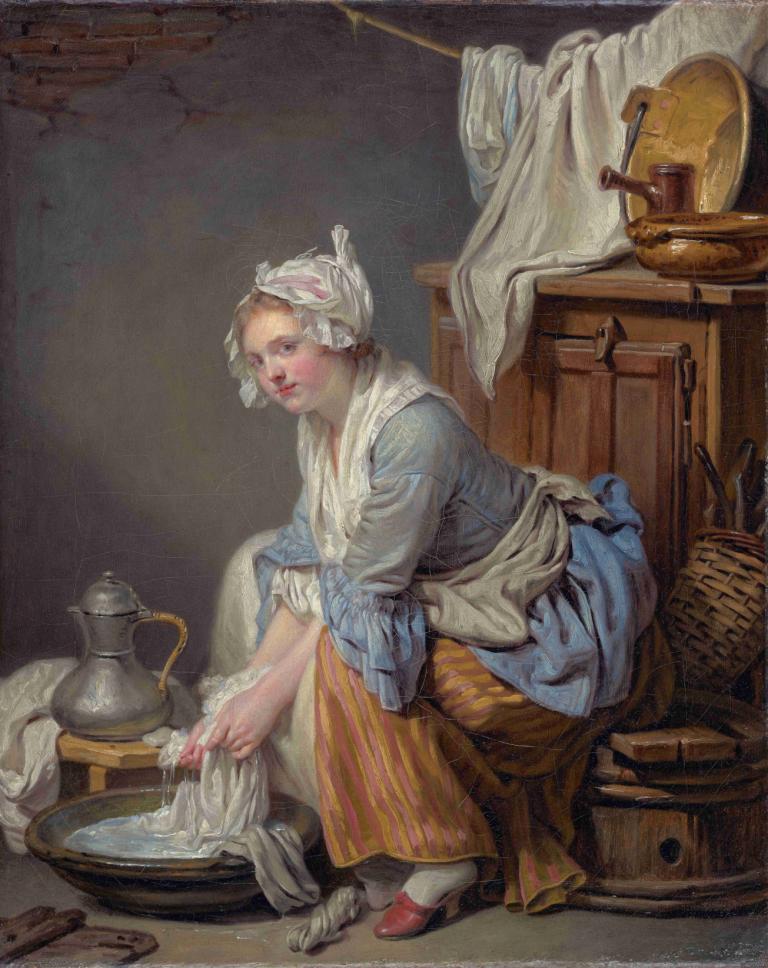 The Laundress,洗衣女工,Jean-Baptiste Greuze,让-巴蒂斯特-格吕兹,油画,油画, 1个女孩, 美术模仿, 独奏, 传统媒体, 实际的, 坐着, 绘画（中）, 桶, 头巾, 老妇人, 围裙